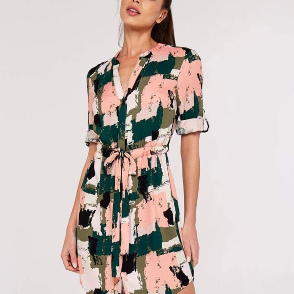 APRICOT Green and Pink Buttoned Tie Front Mini Dress
